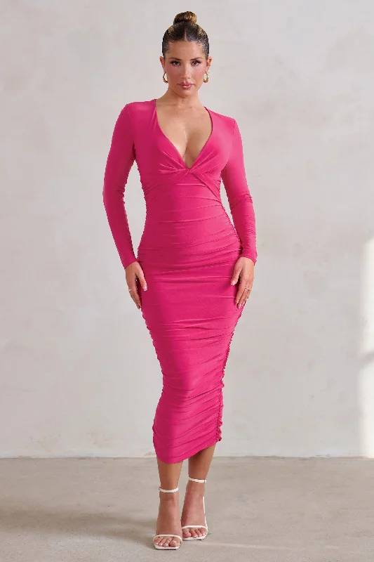 Affordable Trendy Fashion Renee | Hot Pink Plunge Twist Neckline Long Sleeve Ruched Midi Dress Polished Finish