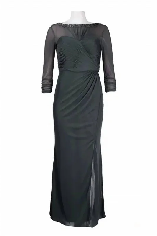 Hot Styles Beaded Sheer Sleeve Ruched Gown In Smoke Classic Charm