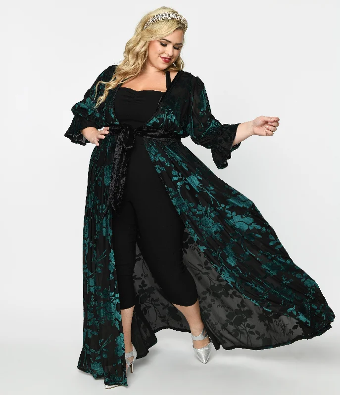 Fashion Deal Unique Vintage Plus Size Black & Teal Floral Velvet Burnout Duster Bold Silhouette