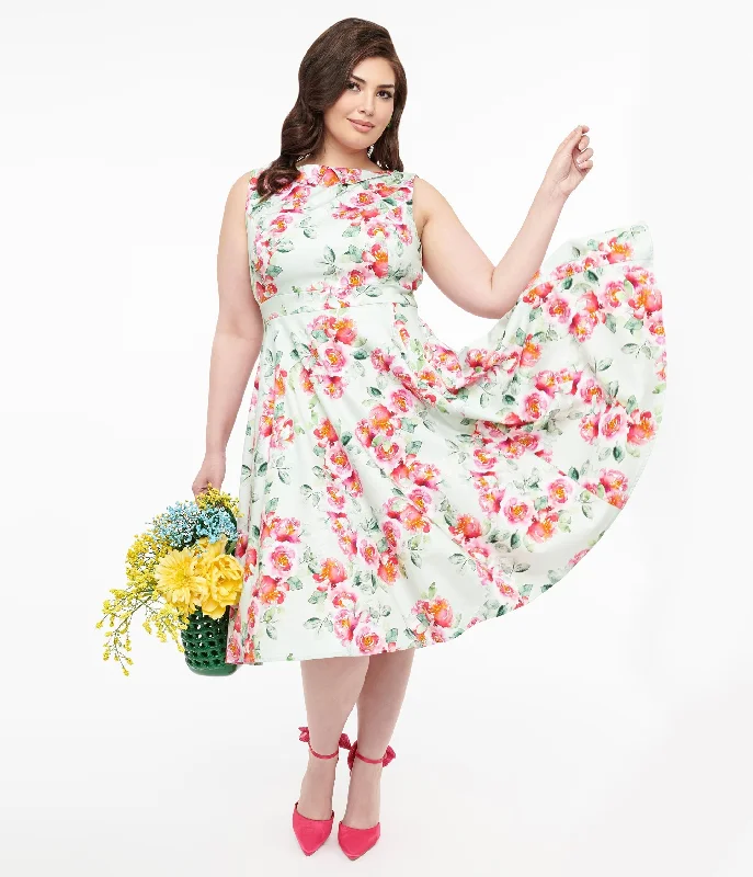 Imeless Style 1950s Mint Green & Pink Floral Print Cotton Marissa Swing Dress Seasonal Trend