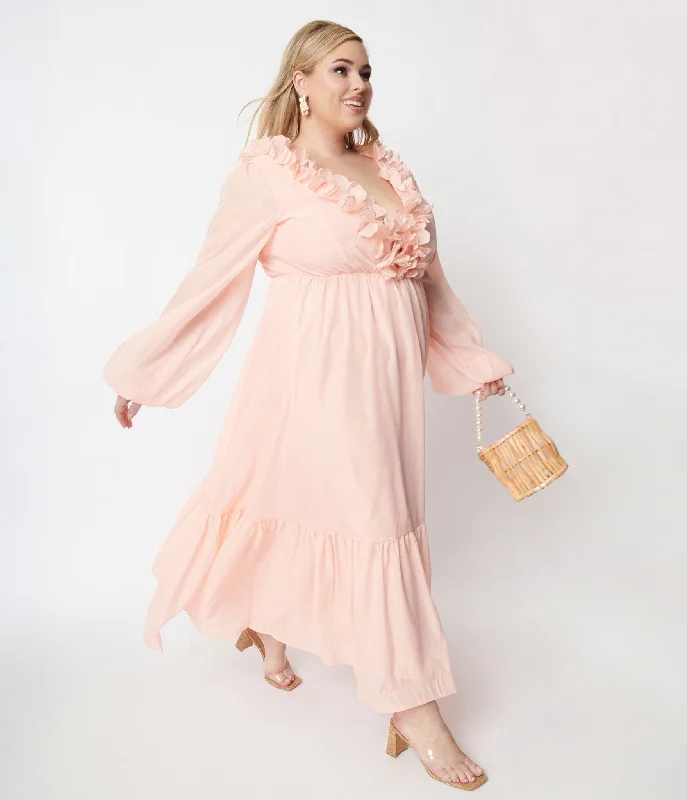 Shop The Hottest Deals Peach Ruffled Maxi Dress Romantic Detailing