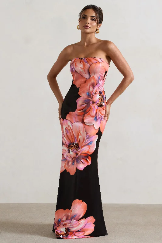 Stylish Statements Sofiane | Black & Pink Floral Print Bandeau Maxi Dress Feminine Elegant