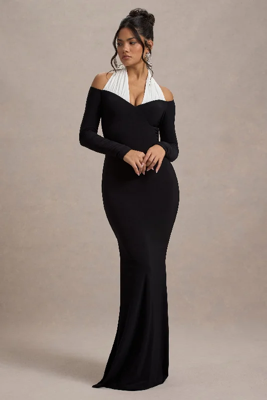 Chic And Edgy Living High | Black & White Halter-Neck Split Maxi Dress Vintage Elegance