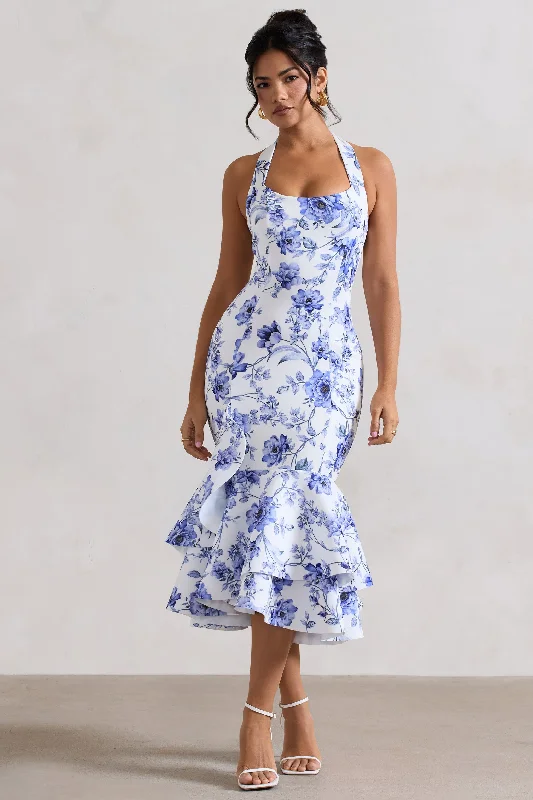 Feminine Style Promotions Arla | Blue Floral Print Halter-Neck Ruffle Trim Midi Dress Alluring Design