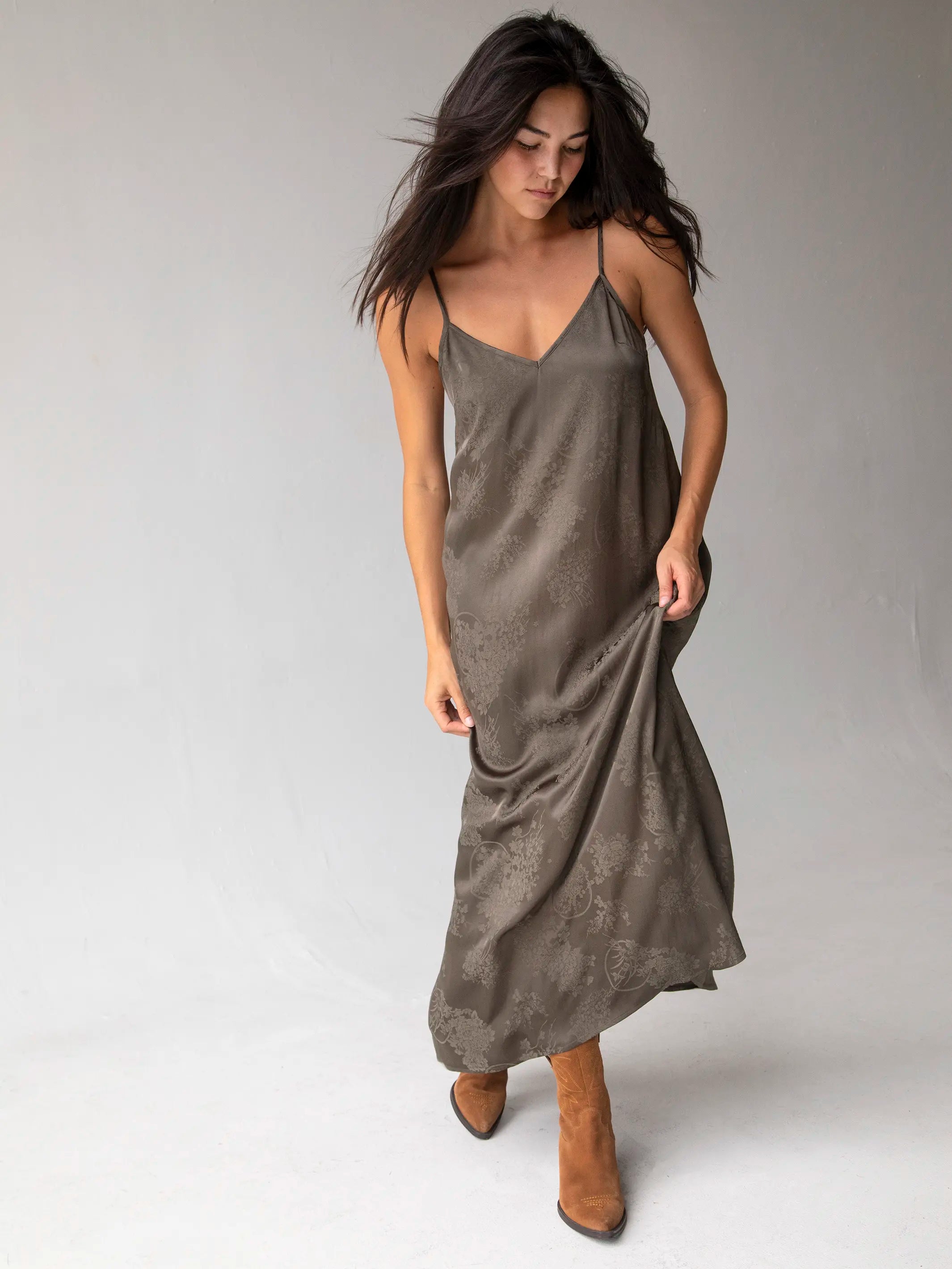 Popular Collection Gracie Slip Maxi Dress - Dark Olive Feminine Elegance