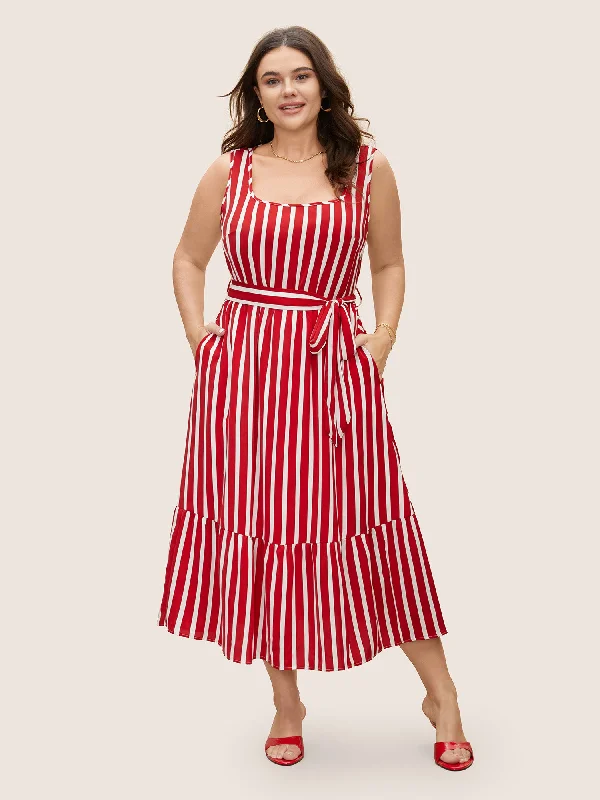 Smart Casual Deals Square Neck Striped Belted Midi Dress Contemporary Elegance