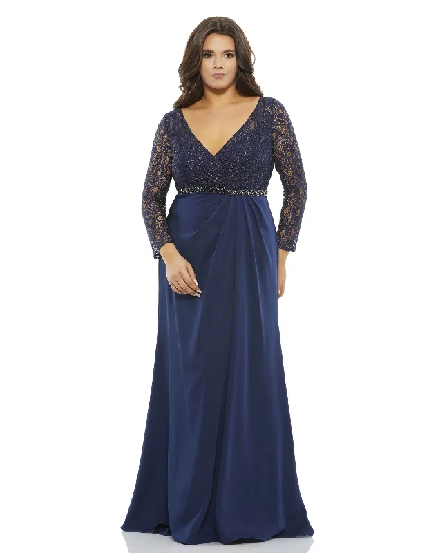 Cozy Chic Promotions Lace Illusion Long Sleeve V-Neck Draped Gown (Plus) Feminine Flow