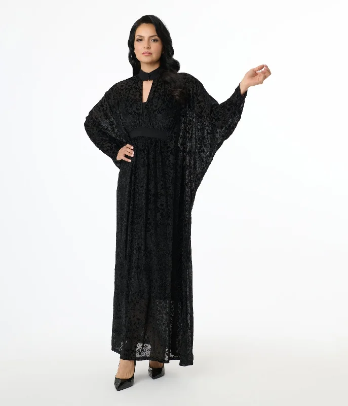 Trendy Women'S Wear Collection Unique Vintage 1970s Black Floral Burnout Mesh High Neck Caftan Effortless Grace