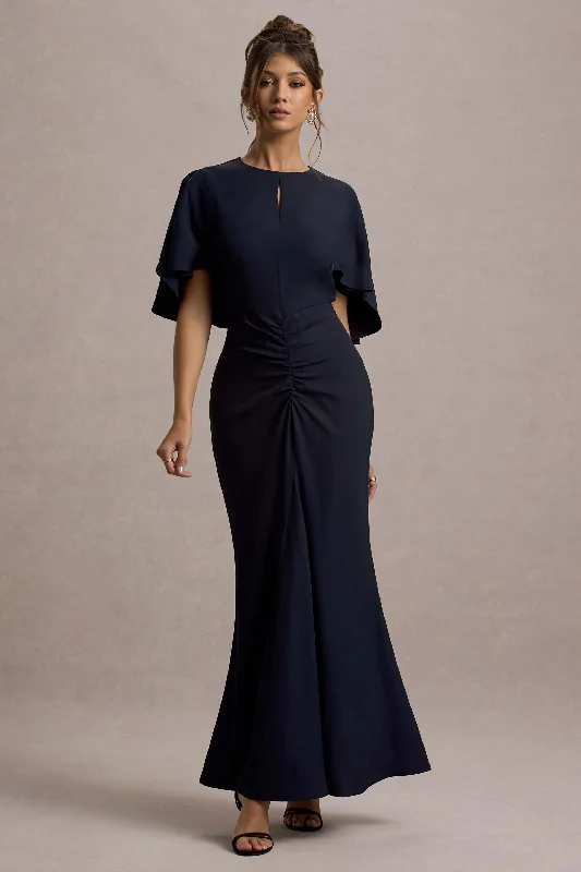 The Latest Fashion Trends Allison | Navy High-Neck Maxi Dress With Cape Elevated Style