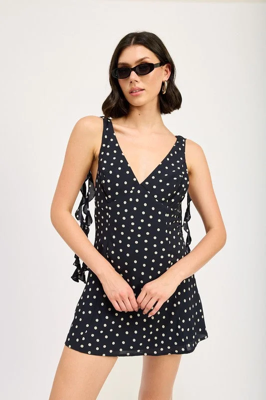 Sustainable Fashion Extravaganza Hot Girl East Coast Polka Dot Ruffled Mini Dress In Navy Classic Appeal