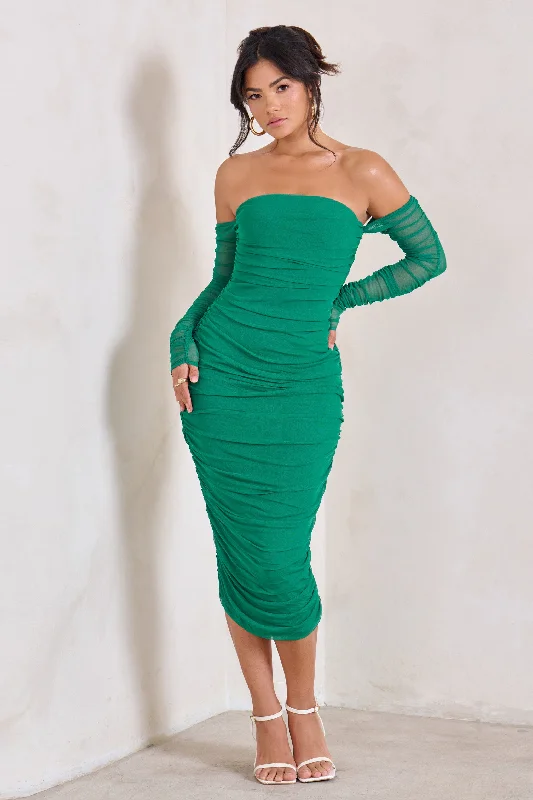 Weekend Exclusive Sorella | Green Ruched Mesh Bardot Midi Dress Charming Silhouette