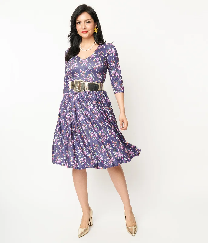 Massive Savings Dolly & Dotty Purple Dragonfly Floral Print Billie Fit & Flare Dress Subtle Sophistication