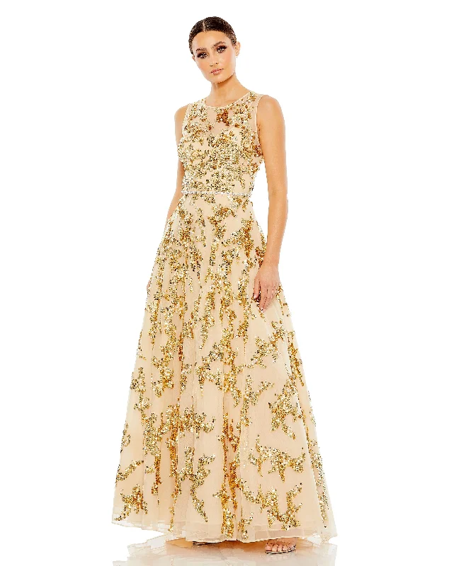 Street Chic Discounts Sequined Sleeveless Scoop Neck A Line Gown Tropical Island - Inspired Attire