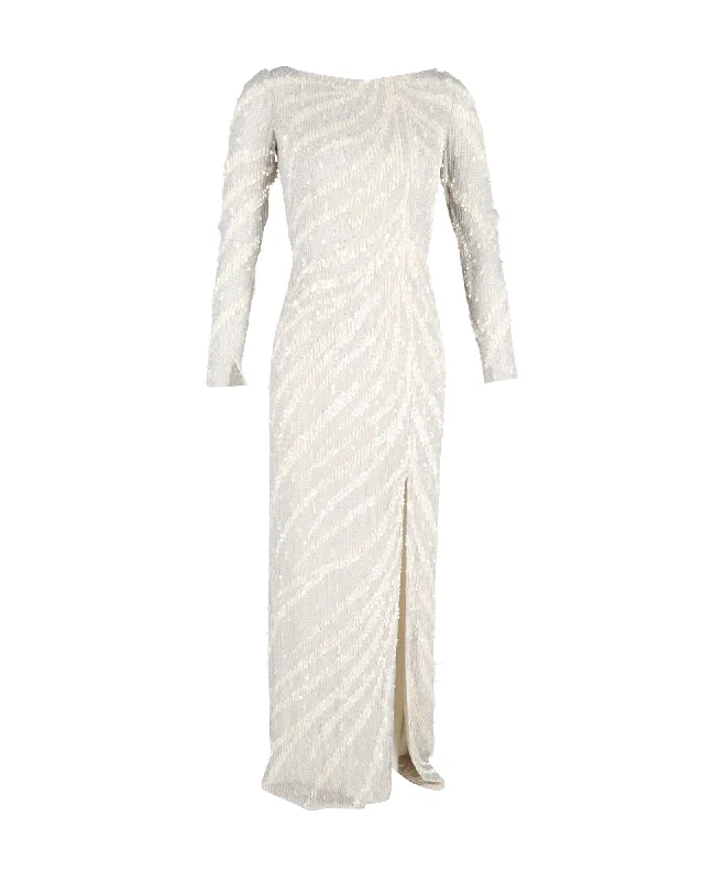 You'Ll Love Us Because Jenny Packham Long Sleeve Gown in Cream Sequined Polyester Casual Weekend Relaxed Style