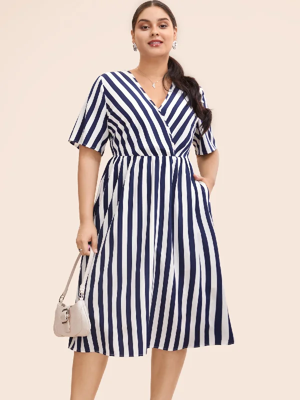 Low Price Special Striped Overlap Collar Ruffle Sleeve Midi Dress Graceful Movement