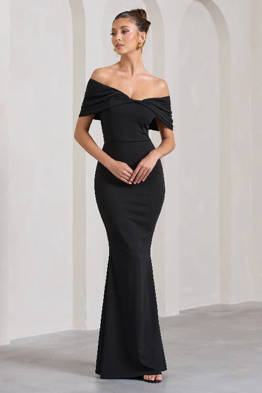 Summer Deals Dana | Black Bardot Maxi Dress With Short Gathered Sleeves Chic Allure