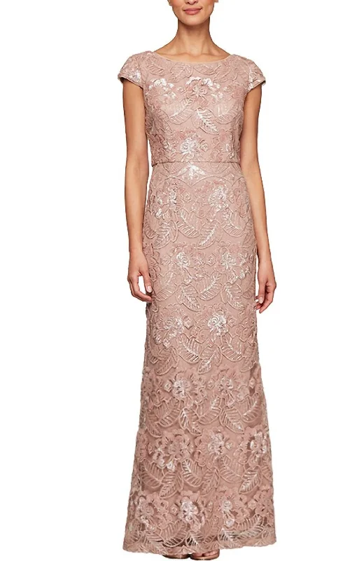 Effortless Style, Endless Impact Long Embroidered Gown With Cap Sleeves In Rose Gold Effortless Style