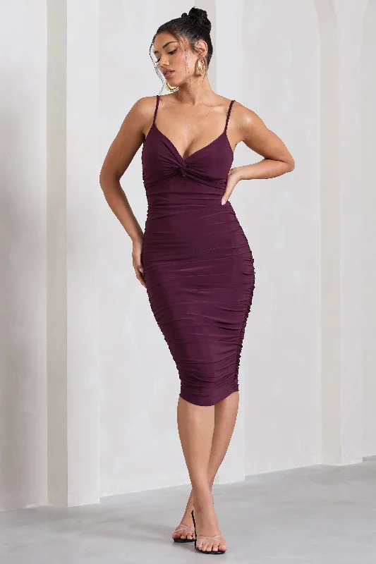 Chic Trends Unveiled Desired | Plum Ruched Strappy Midi Dress Feminine Charm