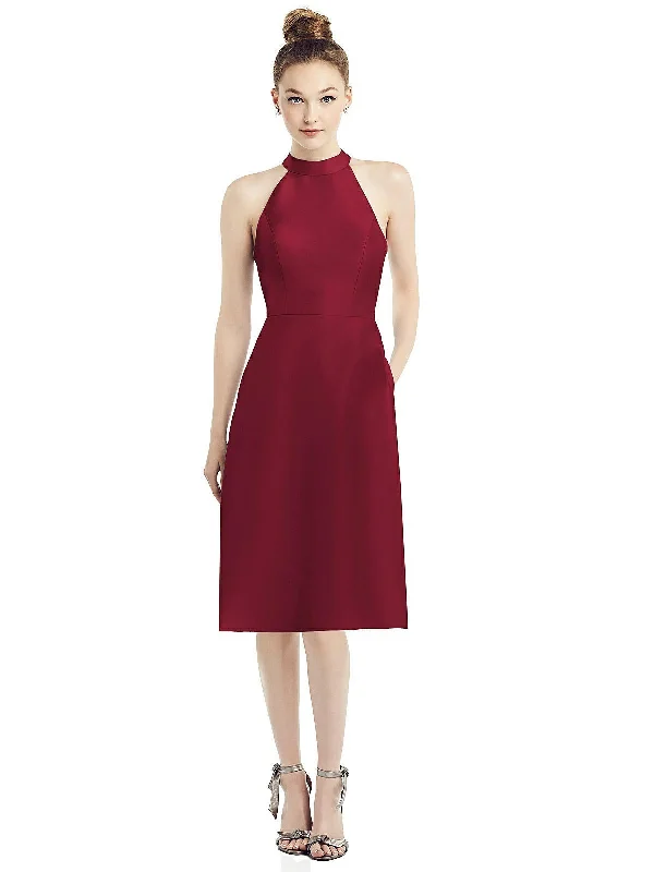 Get The Latest Trends High-Neck Open-Back Satin Cocktail Dress Feminine Elegance