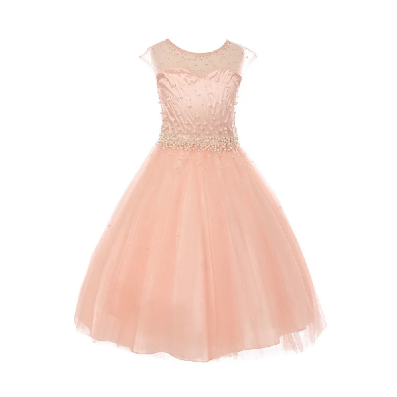 Casual Chic Deals Big Girls Blush Pearl Rhinestone Satin Tulle Junior Bridesmaid Dress 8-16 Playful Elegance