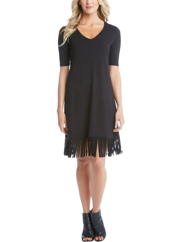 Chic And Edgy Womens V Neck Fringe Hem T-Shirt Dress Graceful Movement