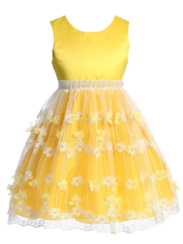 Chic Styles Big Girls Yellow Flower Appliques Embroidered Tulle Junior Bridesmaid Dress 8-14 Cottagecore Rustic Charm Style