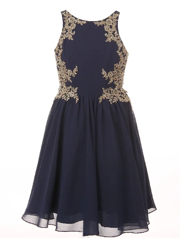 Fashion Forward Femininity Big Girls Navy Chiffon Lace Junior Bridesmaid Dress 12-16 Vintage Elegance