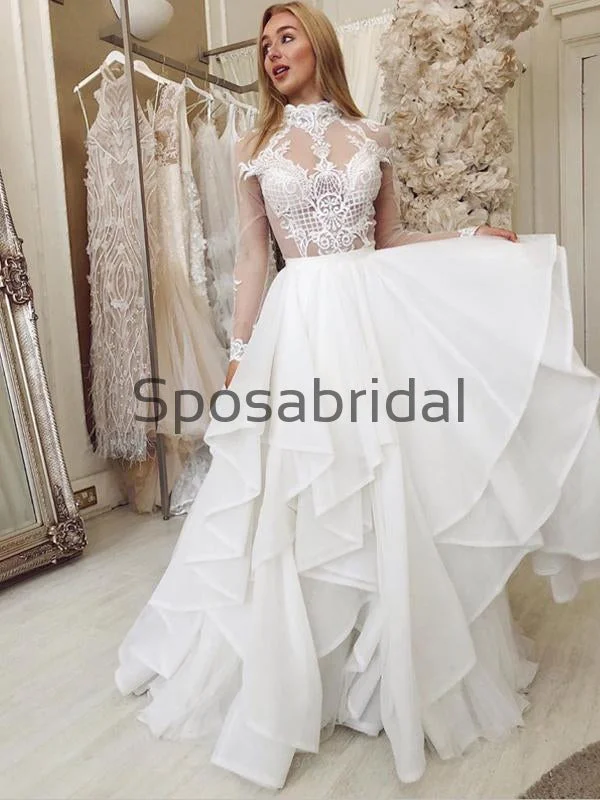 High-End Style Discounts Charming Unique Lace High Neck Long Sleeves Wedding Dresses, Prom Dresses WD0444 Contemporary Chic