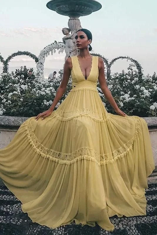 Exclusive Designer Style Deals Gorgeous Yellow V-Neck Sleeveless Lace Appliques Chiffon Prom Dress       cg23162 Contemporary Elegance