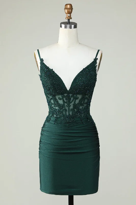 Low Price Special Bodycon Dark Green Spaghetti Straps Corset Homecoming Dress with Beading Parisian Effortless Chic Style