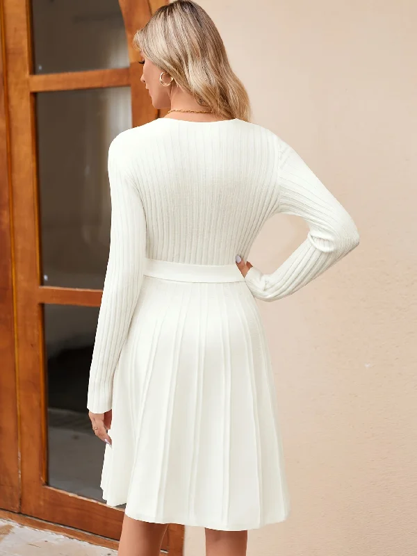 Luxury Casual Deals Solid Color Ribbed Dress, Elegant Tie Waist Long Sleeve Surplice Neck Loose Dress For Spring & Fall, Women's Clothing Dreamy Aesthetic