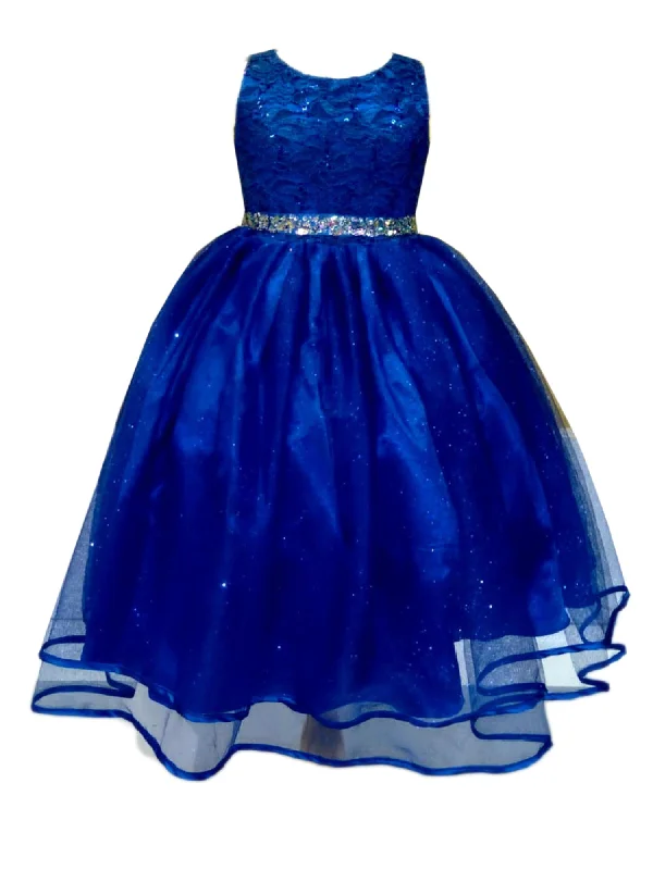 Dive Into Trendy Styles Big Girls Royal Blue Lace Sequin Belt Glitter Tulle Junior Bridesmaid Dress 8-16 Minimalist Chic