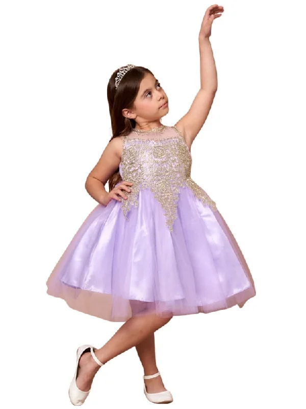 Mega Sales Big Girls Lilac Gold Embroidered Illusion Neckline Junior Bridesmaid Dress 8-18 Romantic Date - Night Ensemble