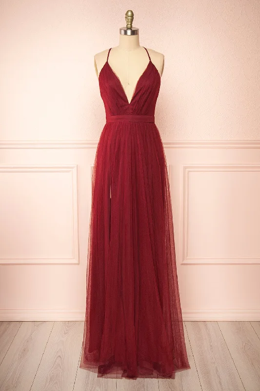 Classic Modern Offers Ilaria Burgundy | Tulle Gown w/ Plunging Neckline Elevated Style