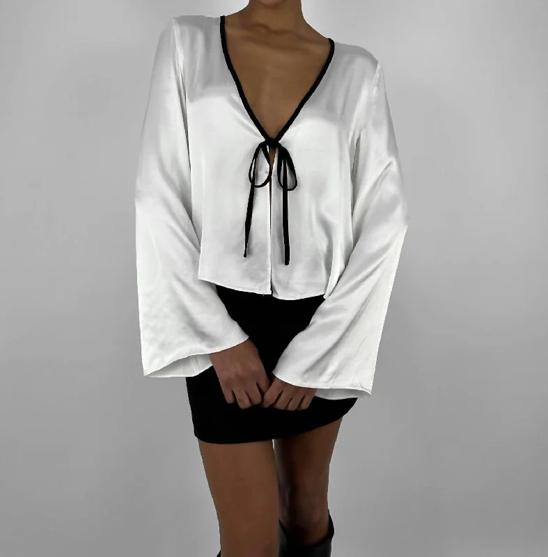 Feminine Style Promotions Deep V Bow Satin Long Sleeve In Ivory And Black Feminine Flow