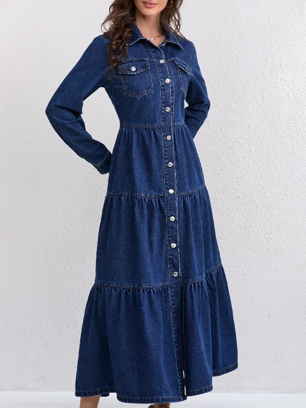 Premium Fashion Plain Washed Blue Button Up Ruffled Long Sleeve Elegant Maxi Denim Dress, Women's Denim Jeans & Clothing Vintage Look