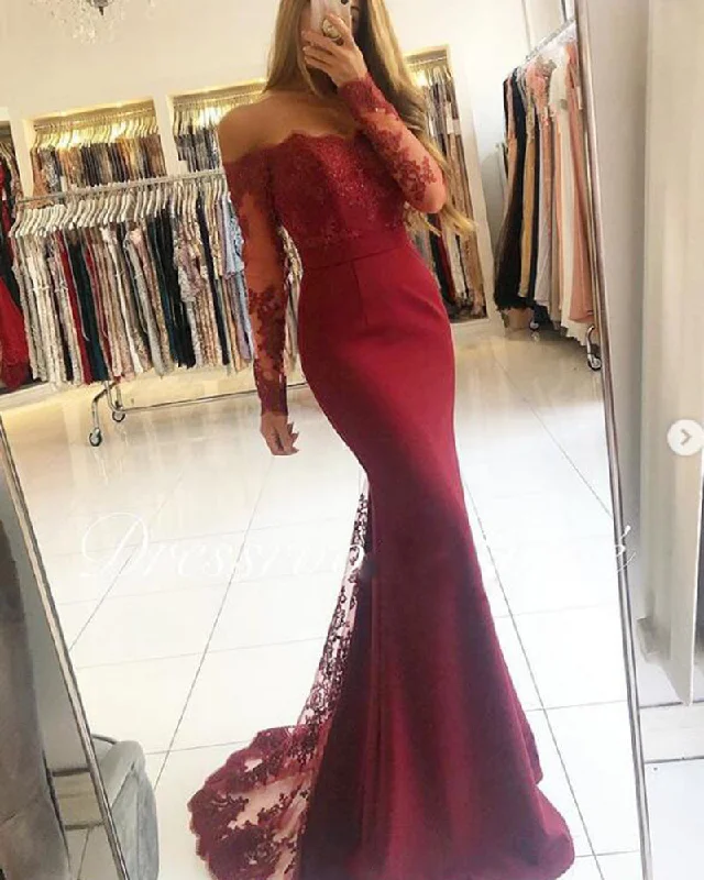 Effortless Style, Endless Impact Burgundy/Blue Women Long Sleeves Lace MermaidEvening  Prom Dresses Long PL2145 Feminine Charm