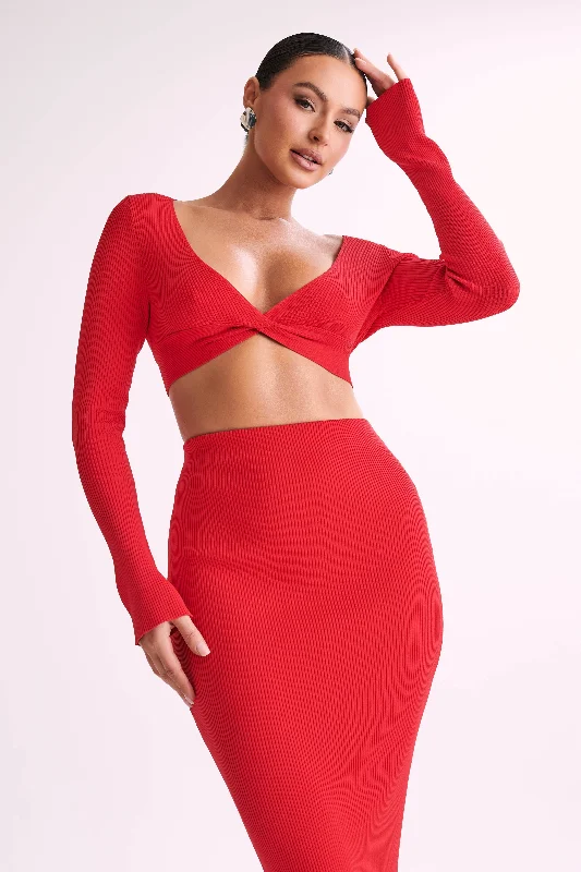 Spring Fashion Kaesha Long Sleeve Twist Front Knit Top - Red Sleek Design