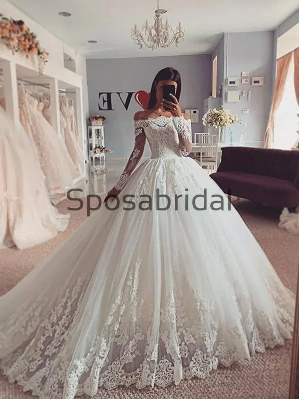 Season Offer A-line Off the Shoulder Modest Lace Romantic Wedding Dresses  WD0404 Sleek Design