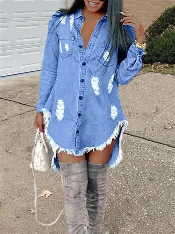 Unbeatable Deals Distressed Denim Shirt Dress Graceful Drape