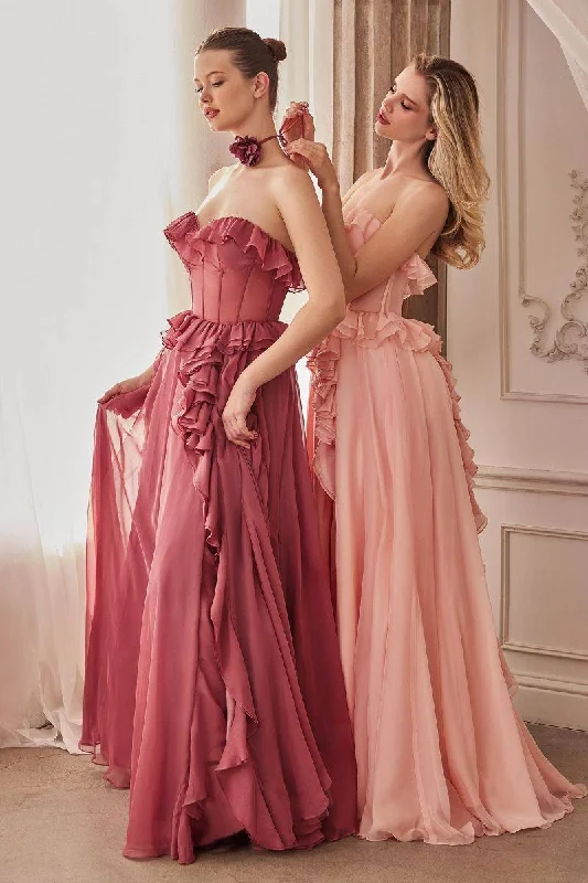 Final Sale Strapless Chiffon Ruffle A-line Sheer Bodice Long Prom & Bridesmaid Dress CDA1341 Alluring Design