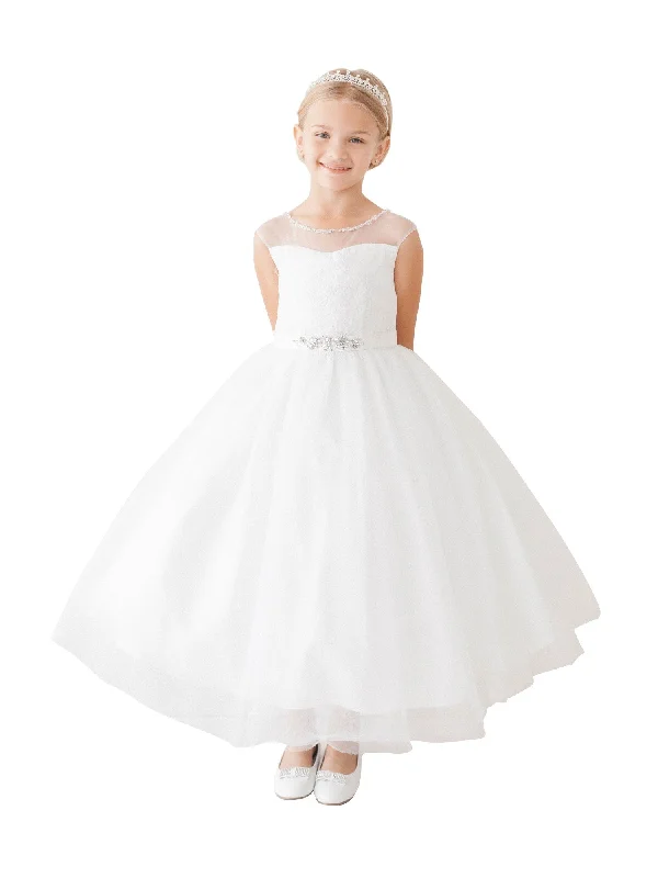 Fashion-Forward Big Girls White Illusion Neck Beaded Lace Belted Junior Bridesmaid Dress 8-12 Feminine Soft - Hued Look