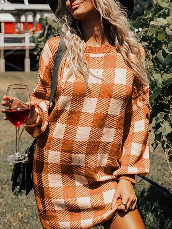 Premium Style Cozy Chic Plaid Print Sweater Dress - Women's Casual Crew Neck Long Sleeve Dresses for Autumn Winter - Soft, Warm, and Comfortable Clothing for Ladies Minimalist Elegant