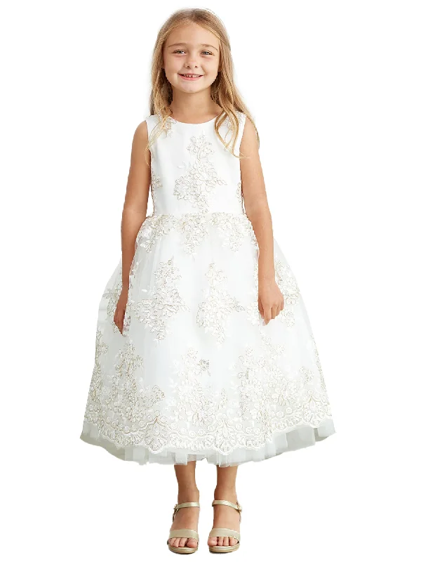 Classic Modern Offers Big Girls Ivory Metallic Lace Overlay Tulle Junior Bridesmaid Dress 8-16 Polished Finish