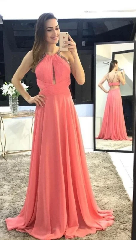 Low Price Special Charming Scoop A-Line Long Watermelon Chiffon Backless Sleeveless Prom Dresses  cg9027 Limited - Stock