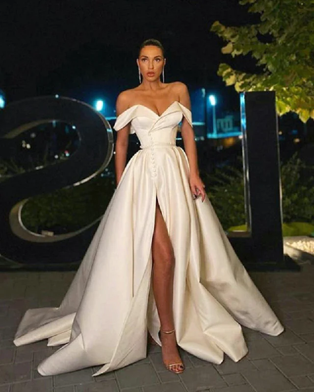 Stay Ahead In Style A Line Ivory Satin Long Women Formal Gowns Party slit  Prom Dresses with Buttons PL10608 Great Deals on Ethnic Cultural Wear