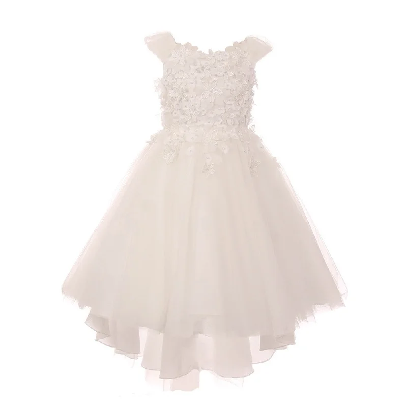 Luxe Style Discounts Big Girls Ivory 3D Flower Adorned Tulle Hi-Low Junior Bridesmaid Dress 8-16 Effortless Style