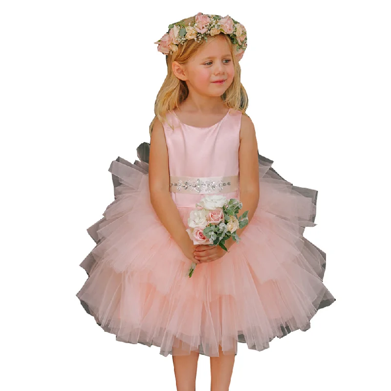 Minimalist Fashion Sale Big Girls Blush Satin Layered Tulle Removable Sash Junior Bridesmaid Dress 8-12 Effortless Sophistication