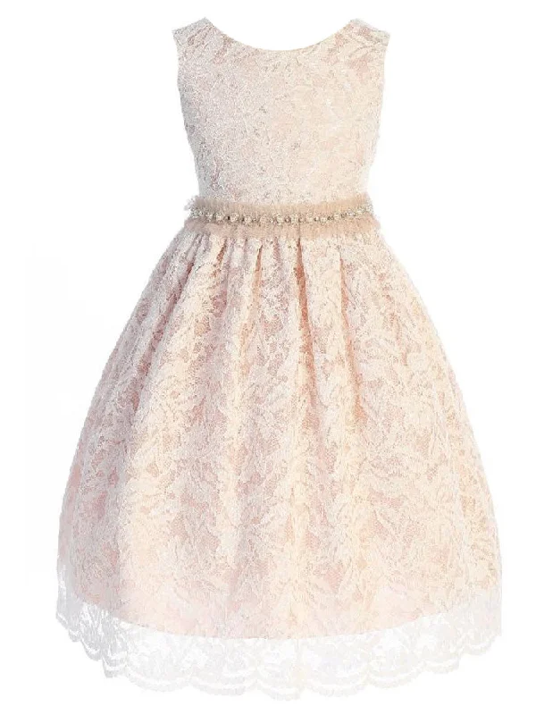 Feminine Style Promotions Big Girls Champagne Lace Pearl Tulle Trim V Back Junior Bridesmaid Dress 8-14 Elegant Attire