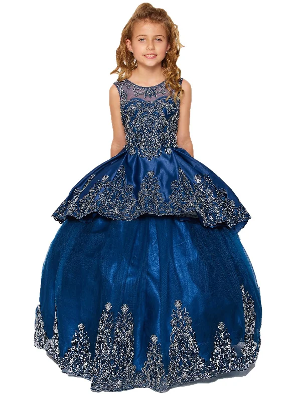 Flash Sale Now Big Girls Navy Metallic Coiled Embroidered Stone Junior Bridesmaid Dress 8-16 Floral Style